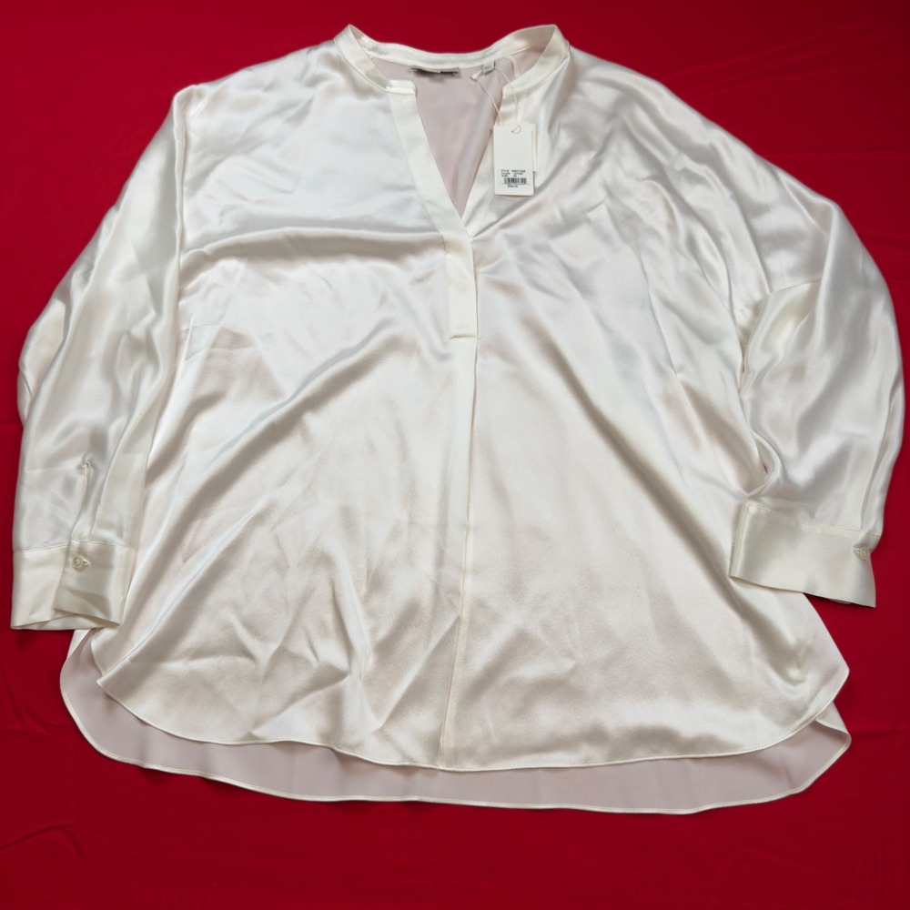 Vince 100% Silk Satin Band Collar Tunic Blouse Cream White 2X NWT MSRP $320‎